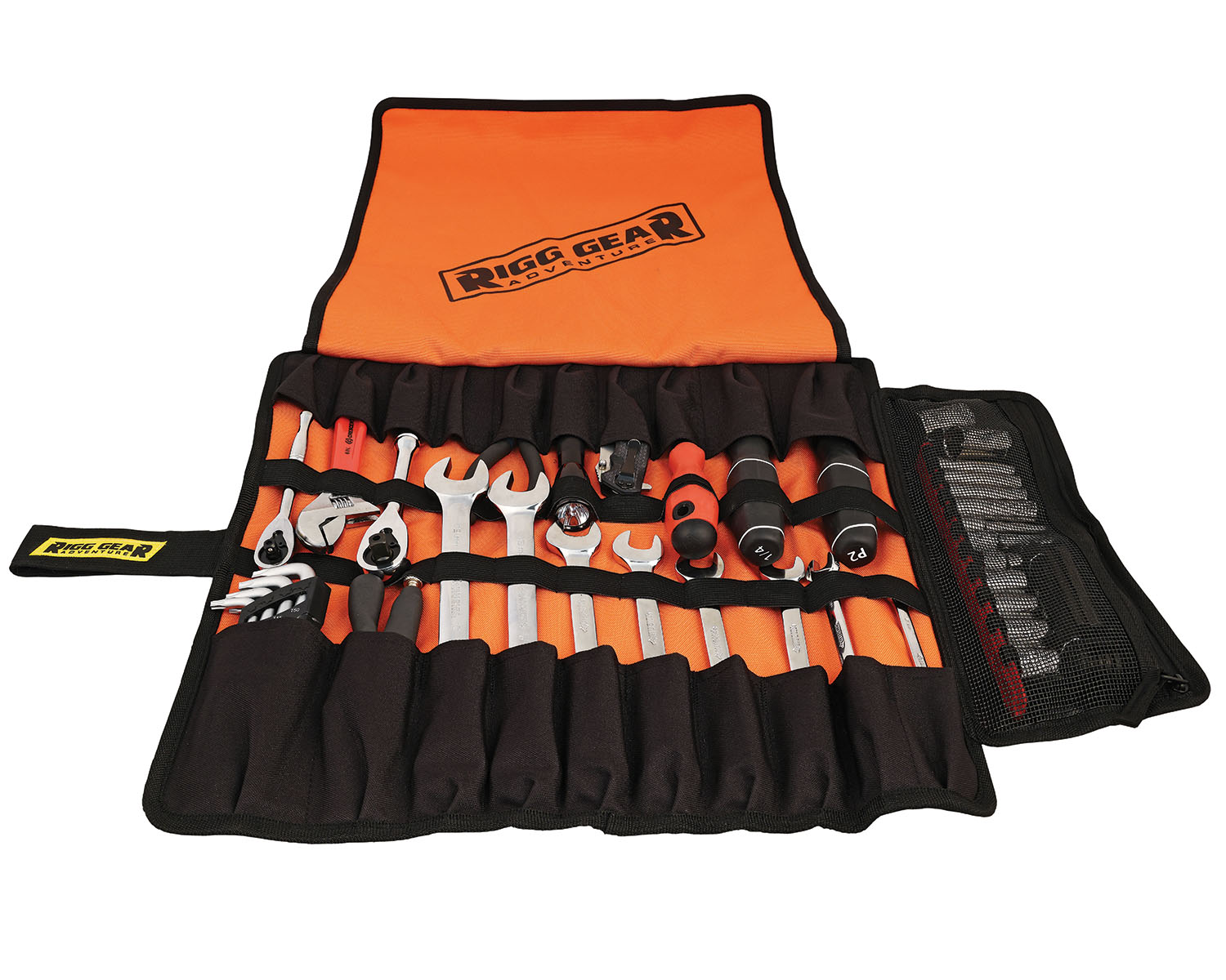 Photo showing tool roll with tools for visual purposes (tools not included)